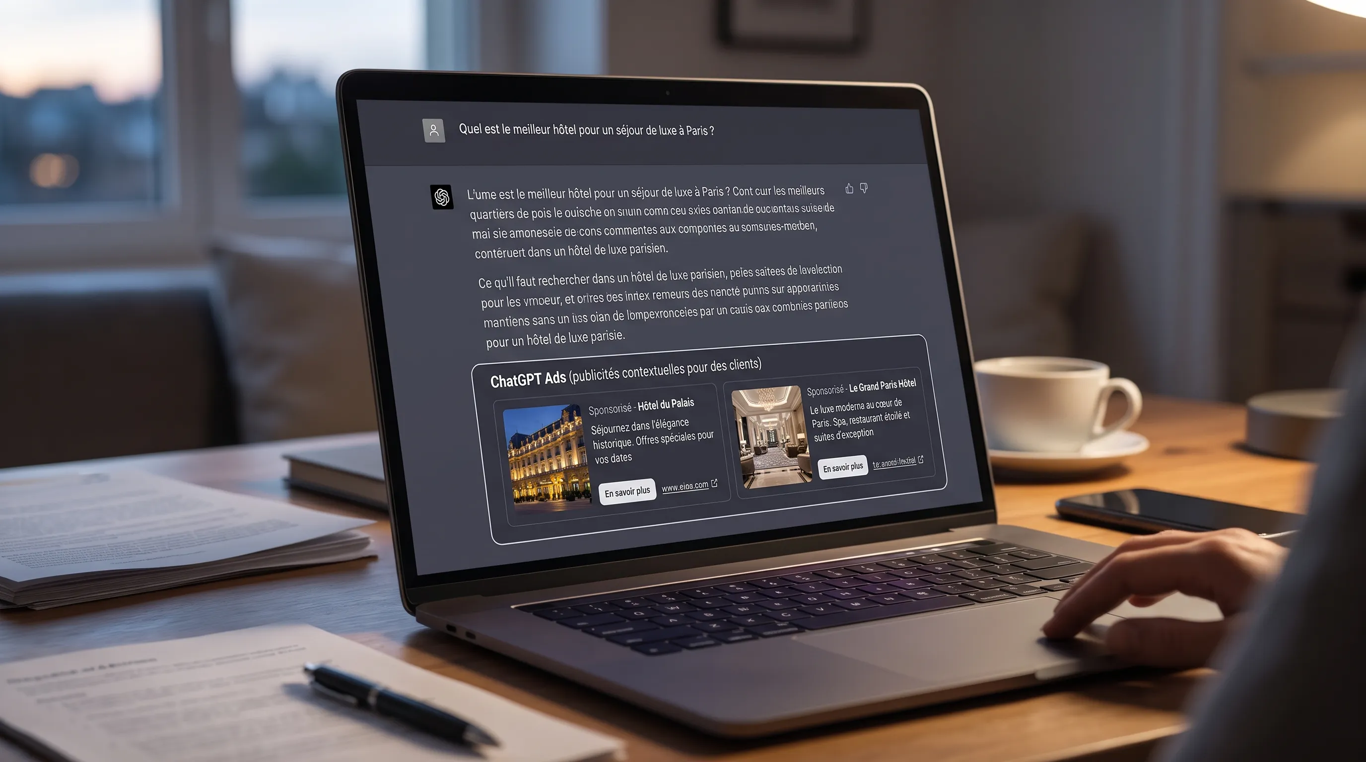 Laptop showing a ChatGPT answer about Paris hotels with sponsored hotel listings