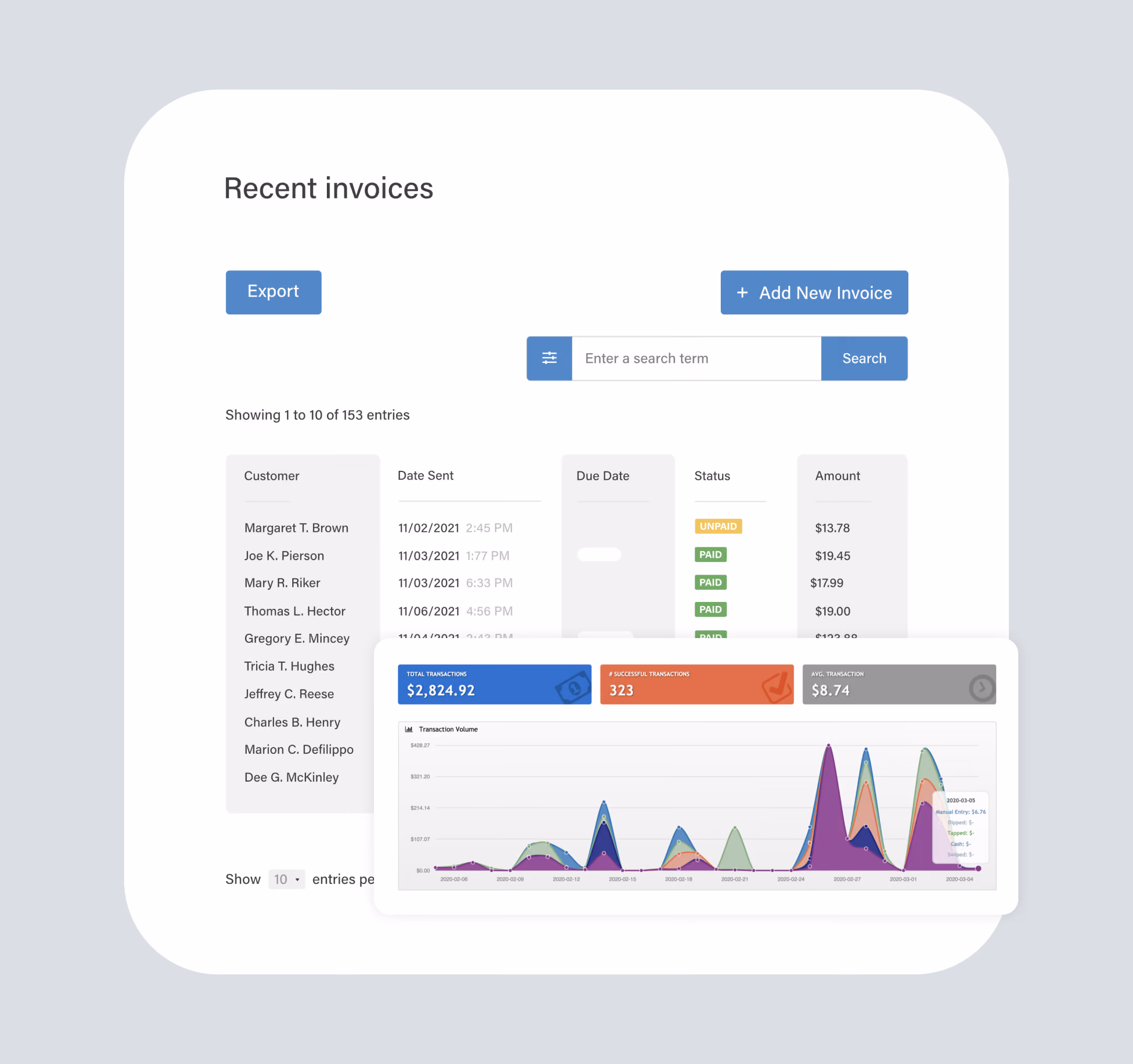 Screenshot: SwipeSimple recent invoices