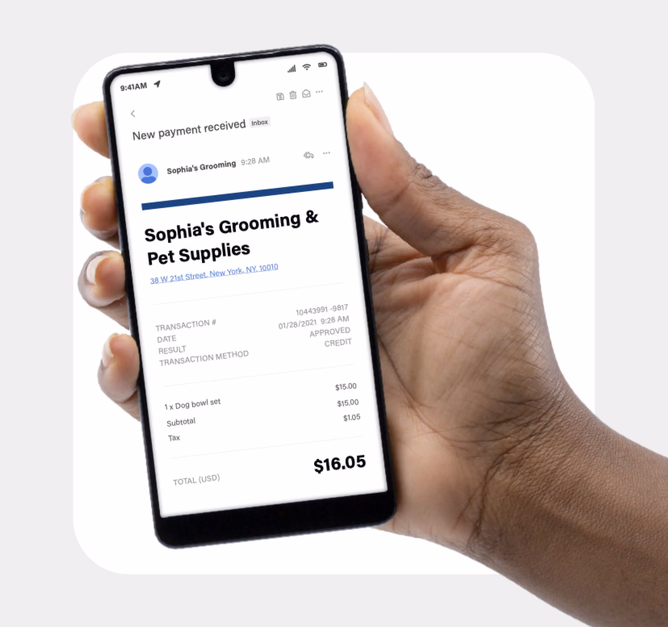 Hand holding iPhone with payment link screen on screen