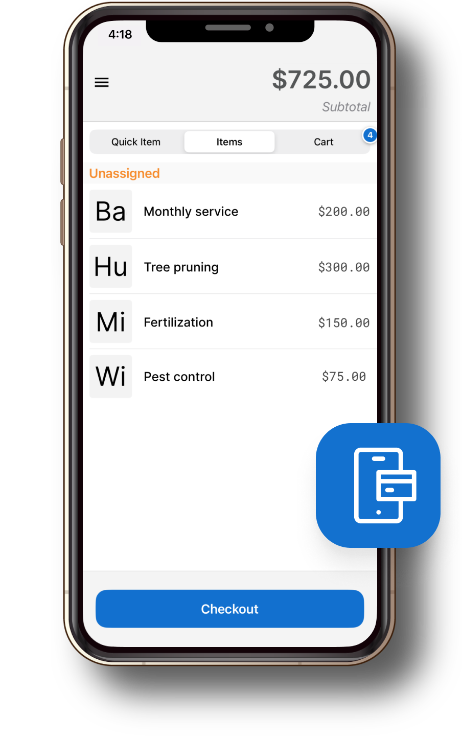 A smartphone that is displaying the SwipeSimple app and a list of services applicable to landscaping.
