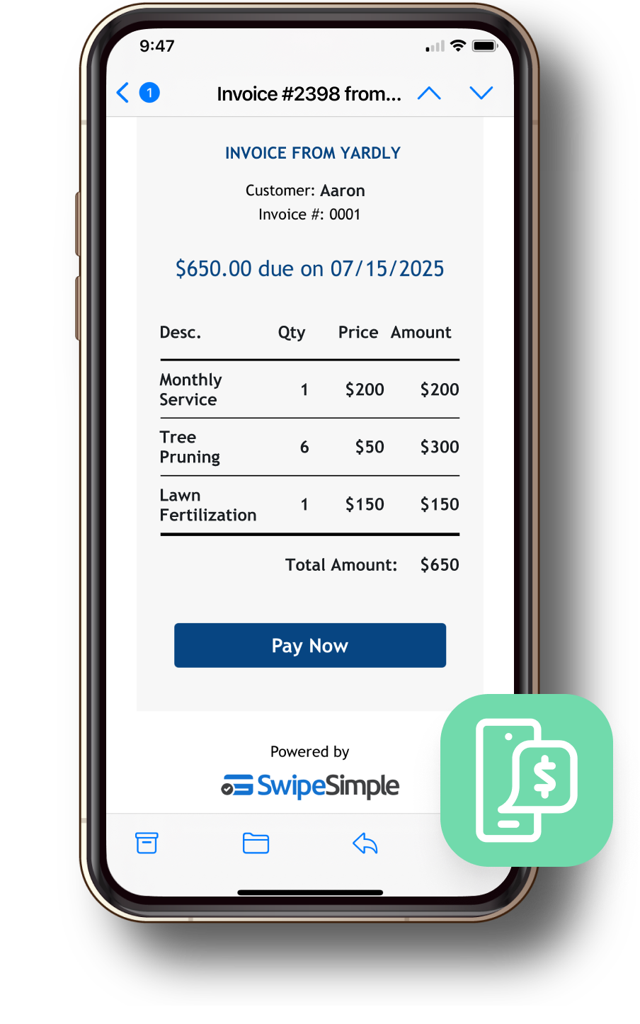 A smartphone that is displaying an email with an invoice sent through the SwipeSimple Connect app.