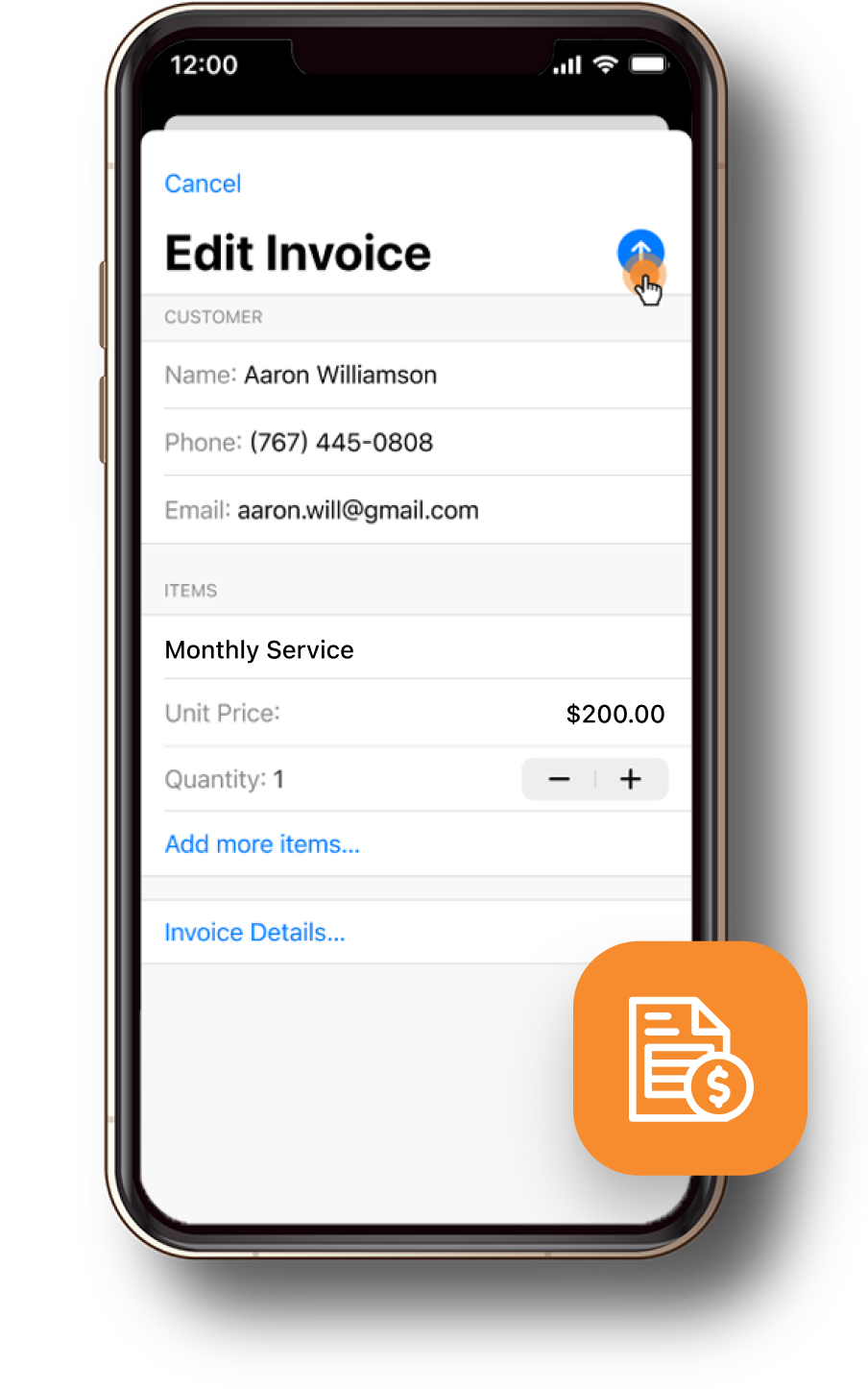 A smartphone that is displaying the SwipeSimple Connect mobile app and how you can send an invoice.