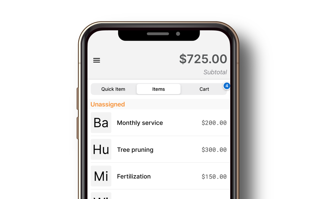 A smartphone with the SwipeSimple Connect app open showing a list of services applicable to a landscape professional.