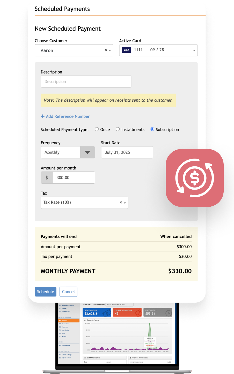 A screen of the SwipeSimple Connect computer software demonstrating how a user can schedule a payment for a customer.