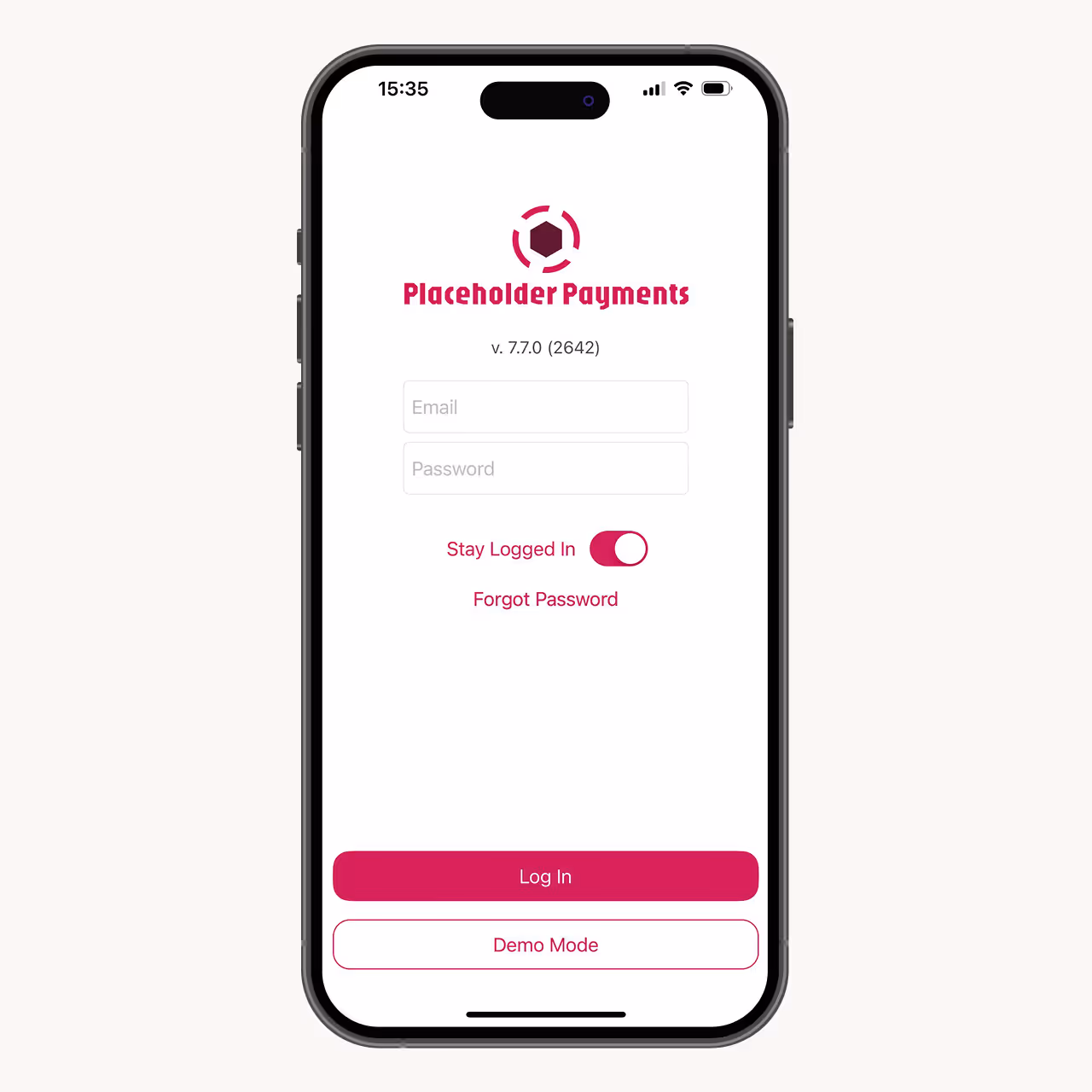 Mobile app login screen for Placeholder Payments with fields for email and password, stay logged in toggle, and buttons for Log In and Demo Mode.