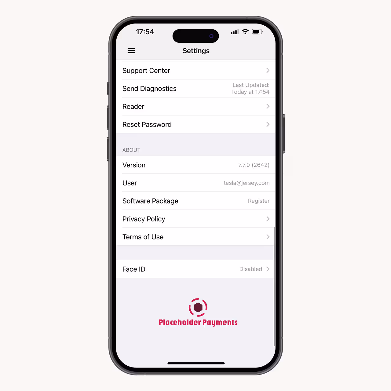 iPhone screen showing a Settings menu with options like Support Center, Send Diagnostics, Reader, Reset Password, version 7.7.0, user email, software package register, privacy policy, terms of use, and Face ID disabled.