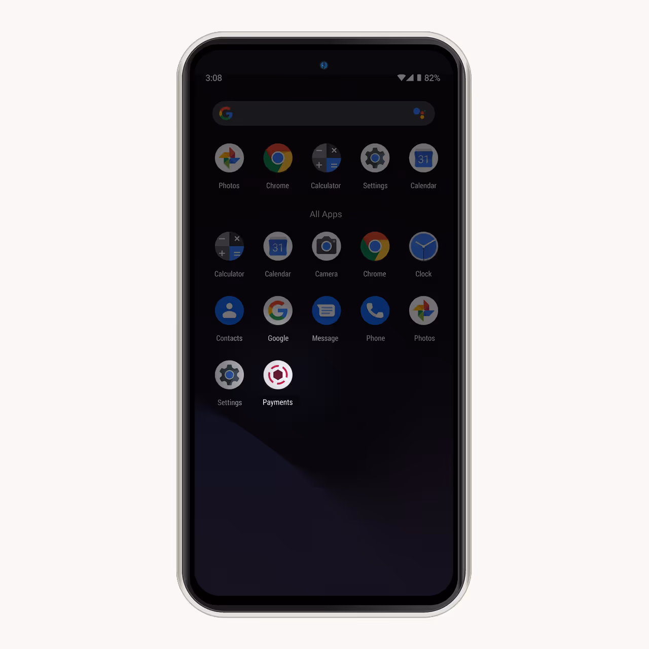 Android smartphone screen displaying app icons including Photos, Chrome, Calculator, Settings, Calendar, Camera, Clock, Contacts, Google, Message, Phone, and Payments.