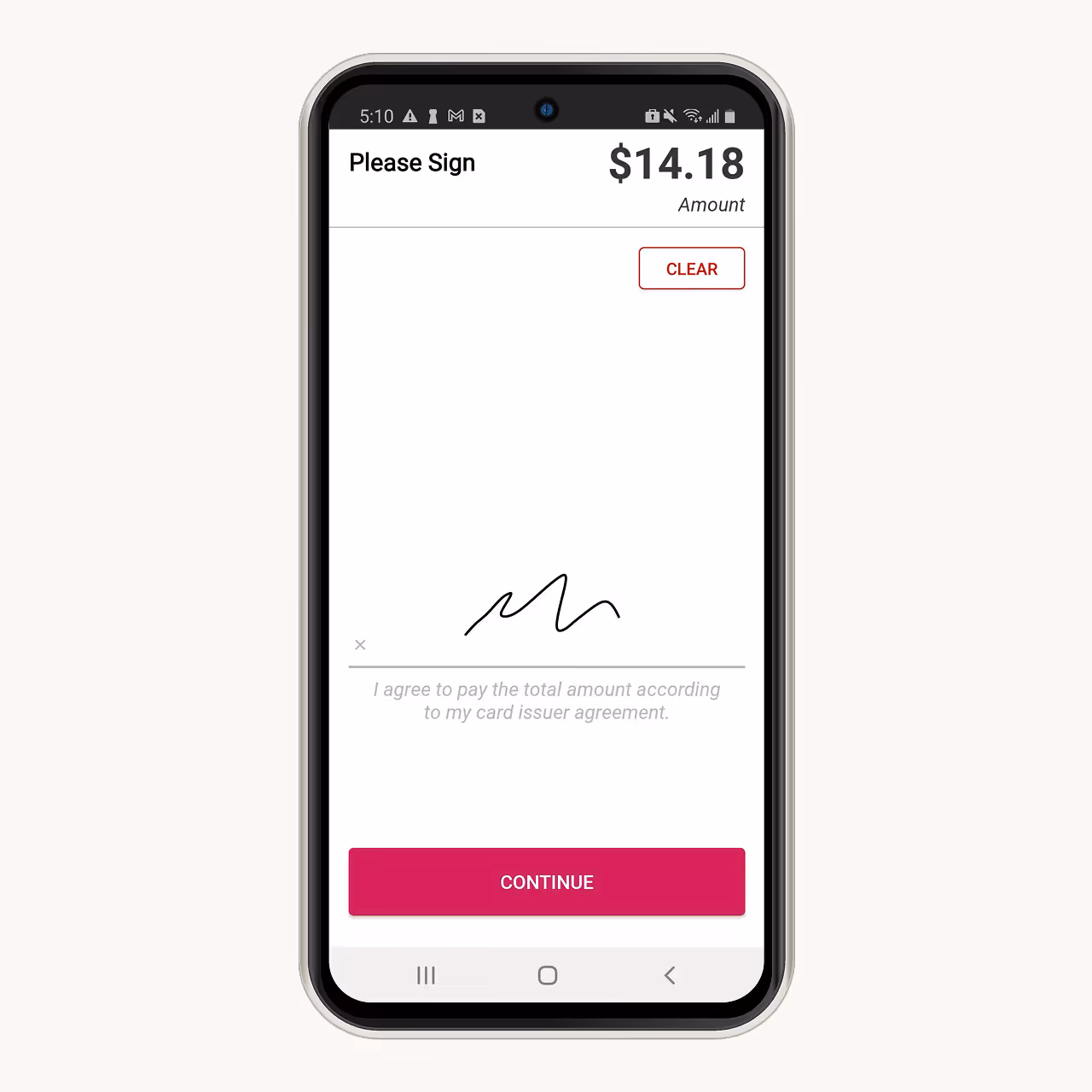 Mobile phone screen showing a digital signature field with $14.18 amount and buttons Clear and Continue.