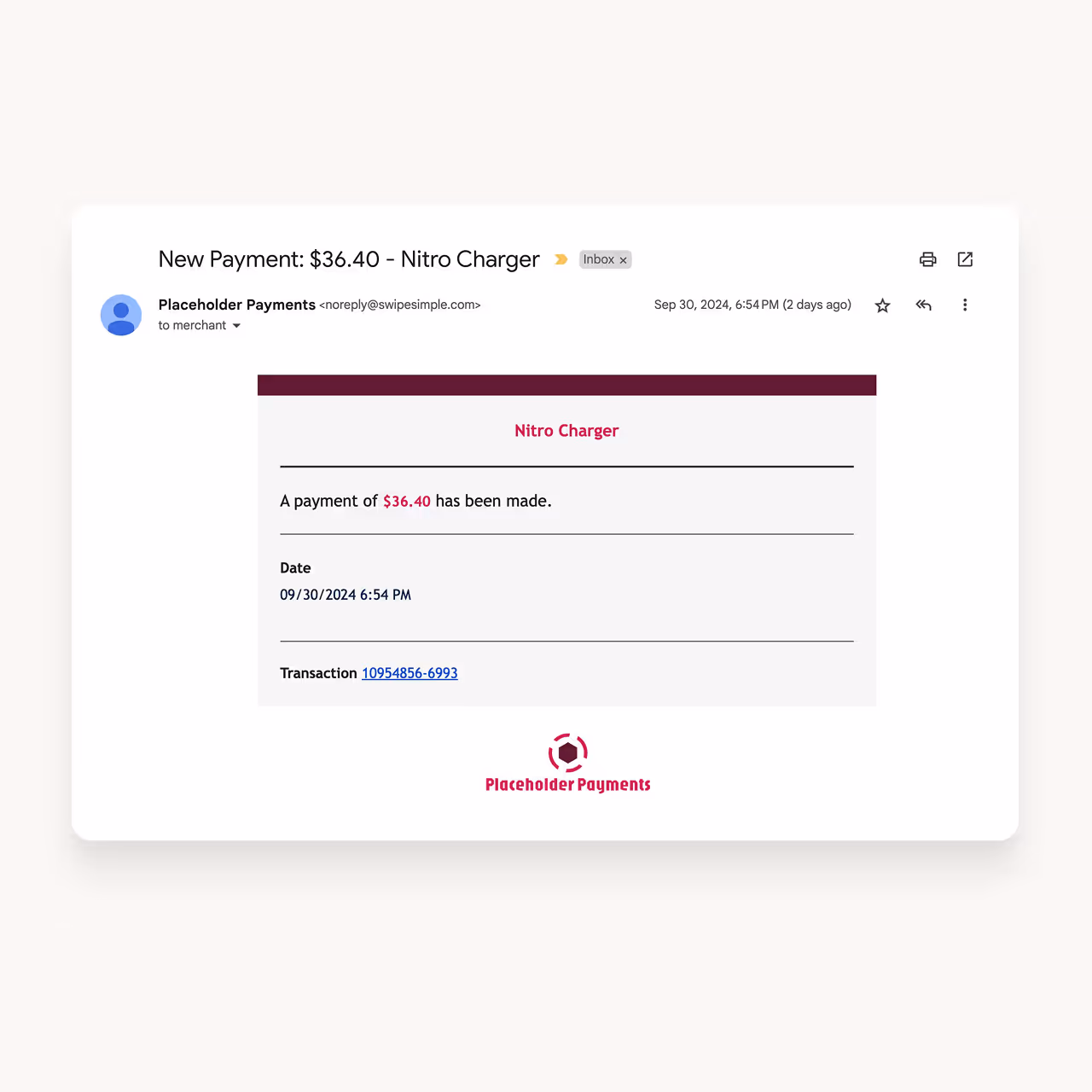 Email notification from Placeholder Payments showing a $36.40 payment for Nitro Charger on September 30, 2024, with transaction ID link.
