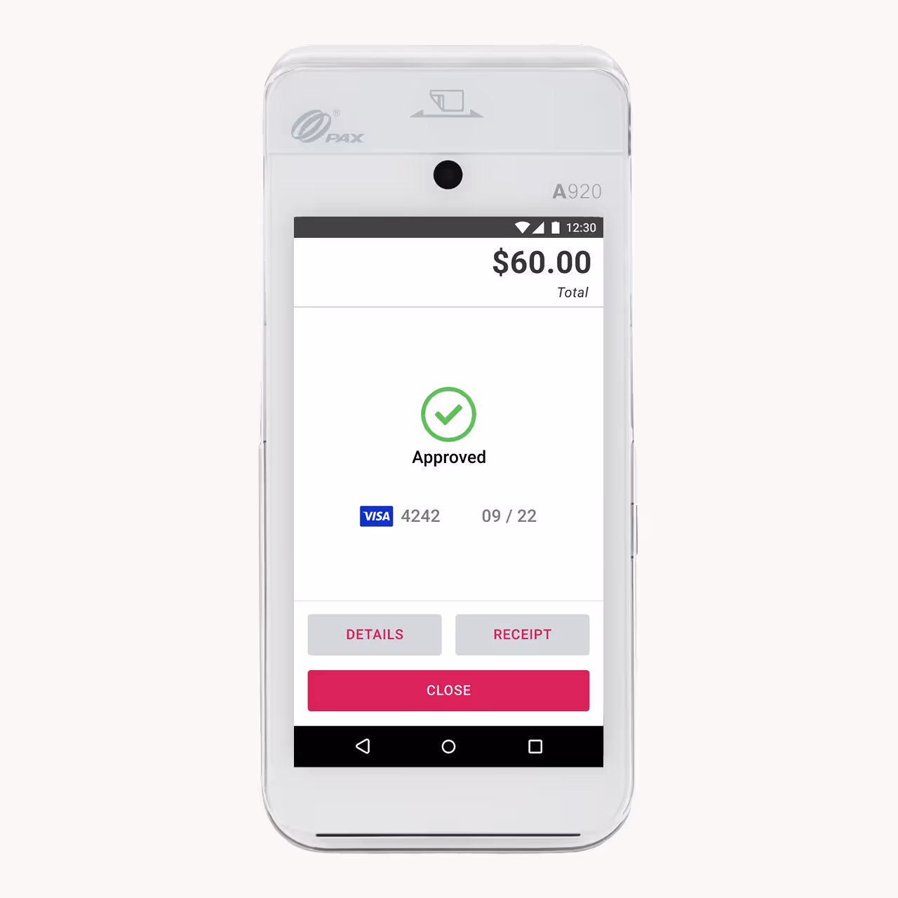 Payment terminal screen showing $60.00 approved for a Visa card ending in 4242, with options for details, receipt, and close.