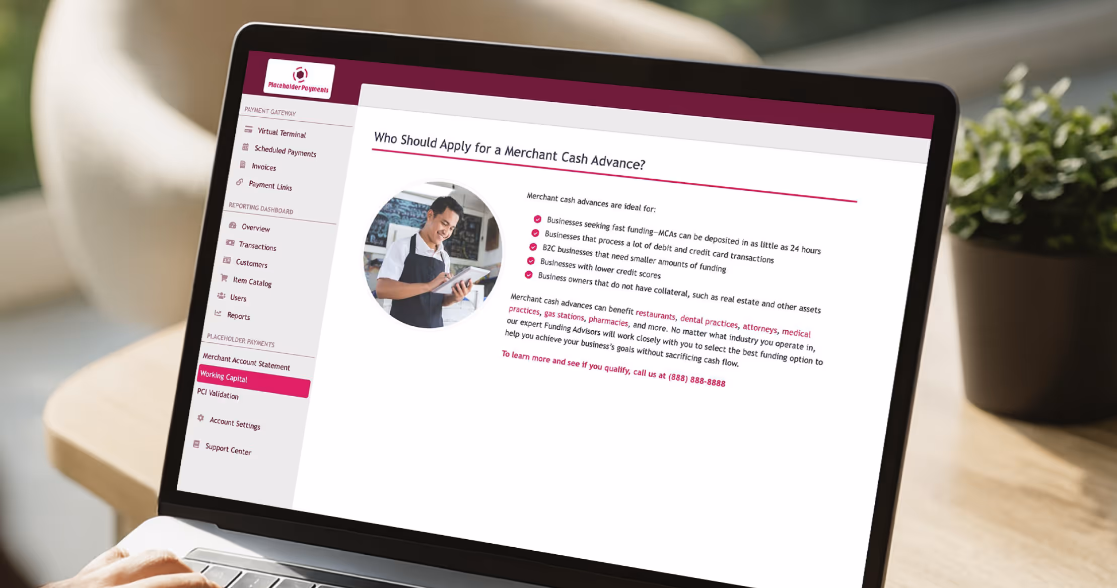Laptop screen displaying a payment gateway dashboard with a section titled 'Who Should Apply for a Merchant Cash Advance?' and a photo of a person in an apron using a tablet.