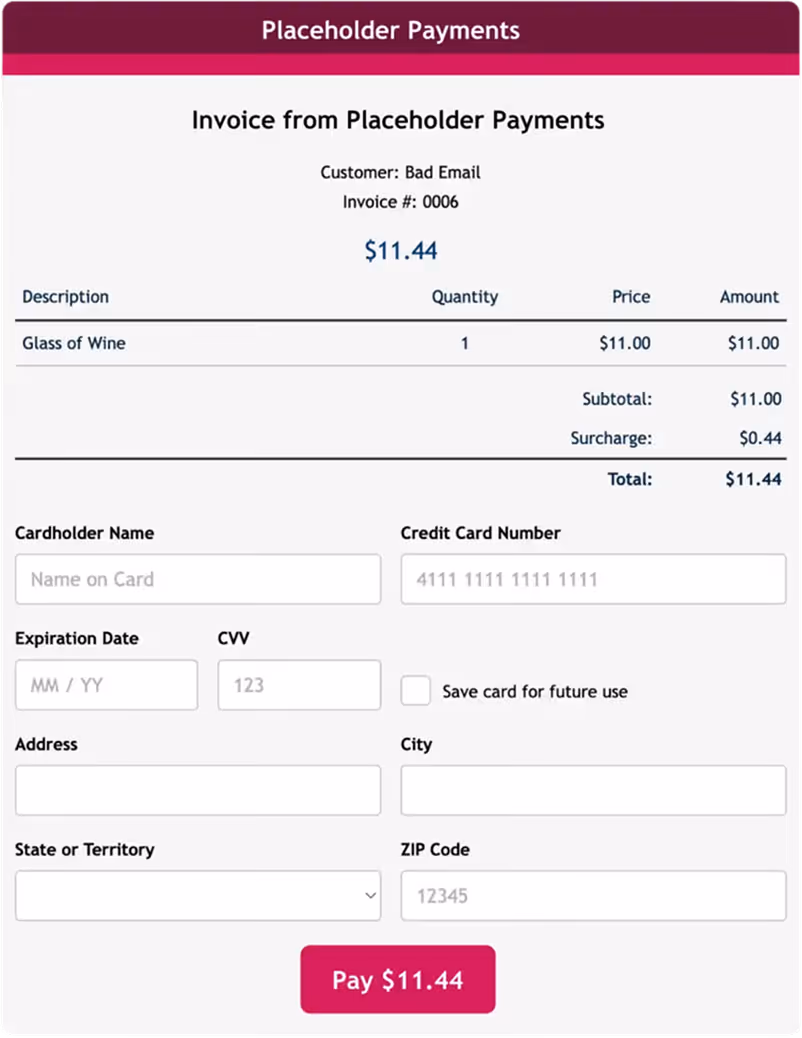 Login screen for Placeholder Payments with email and password fields, sign-in button, and forgot password link.