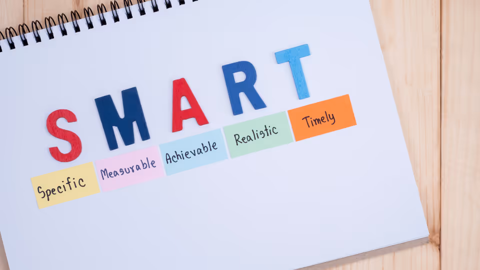 Alt text: A notebook open on a wooden table with the acronym "SMART" written on it, along with its meanings: Specific, Measurable, Achievable, Relevant, and Time-bound