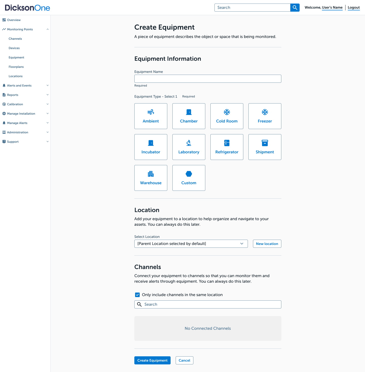 create equipment page