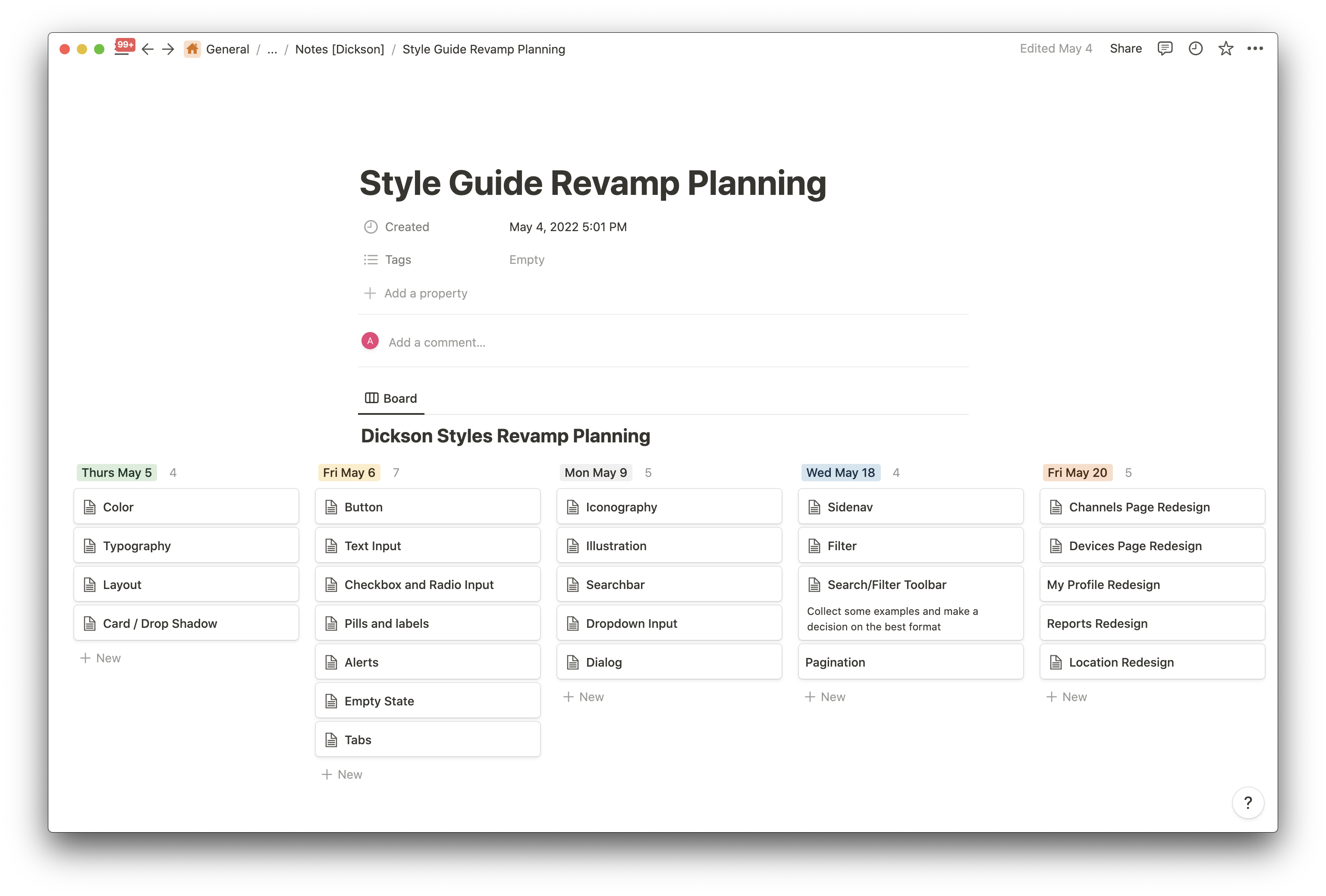 notion planning board for new design system