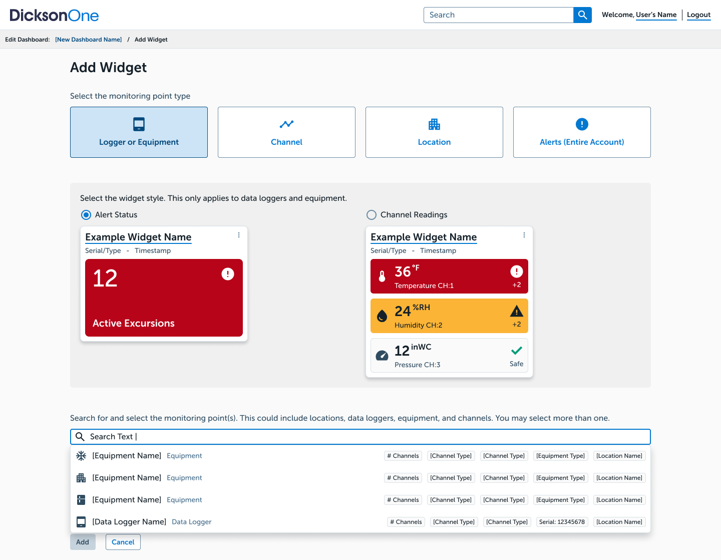 custom dashboard add widget page