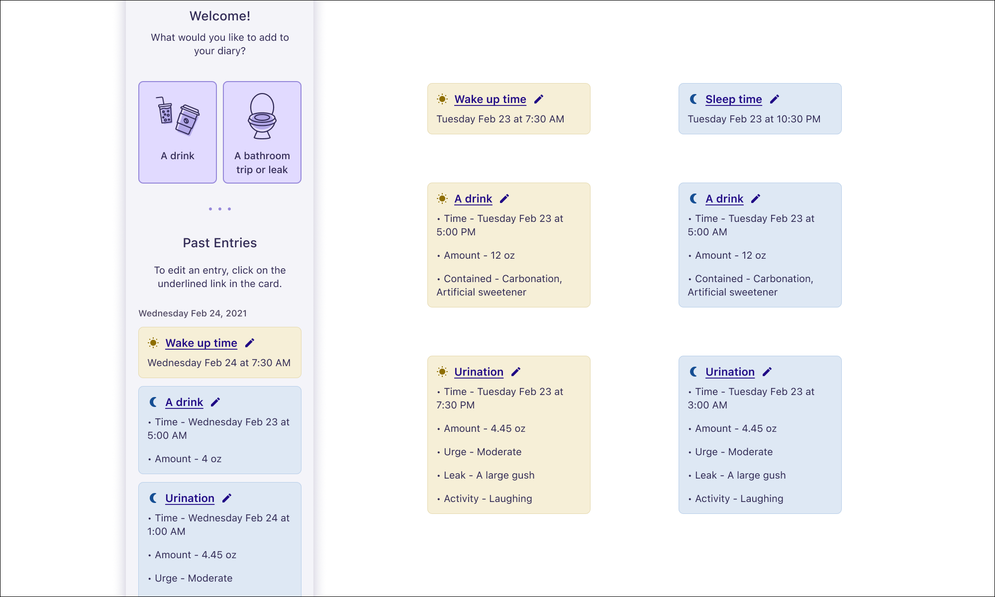 homepage with day and night entries
