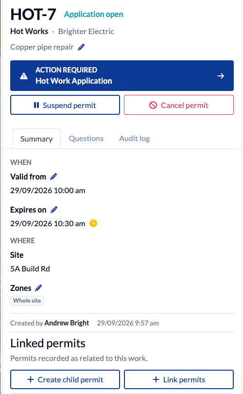 Example EVA permit details screen showing status, validity dates and the current action