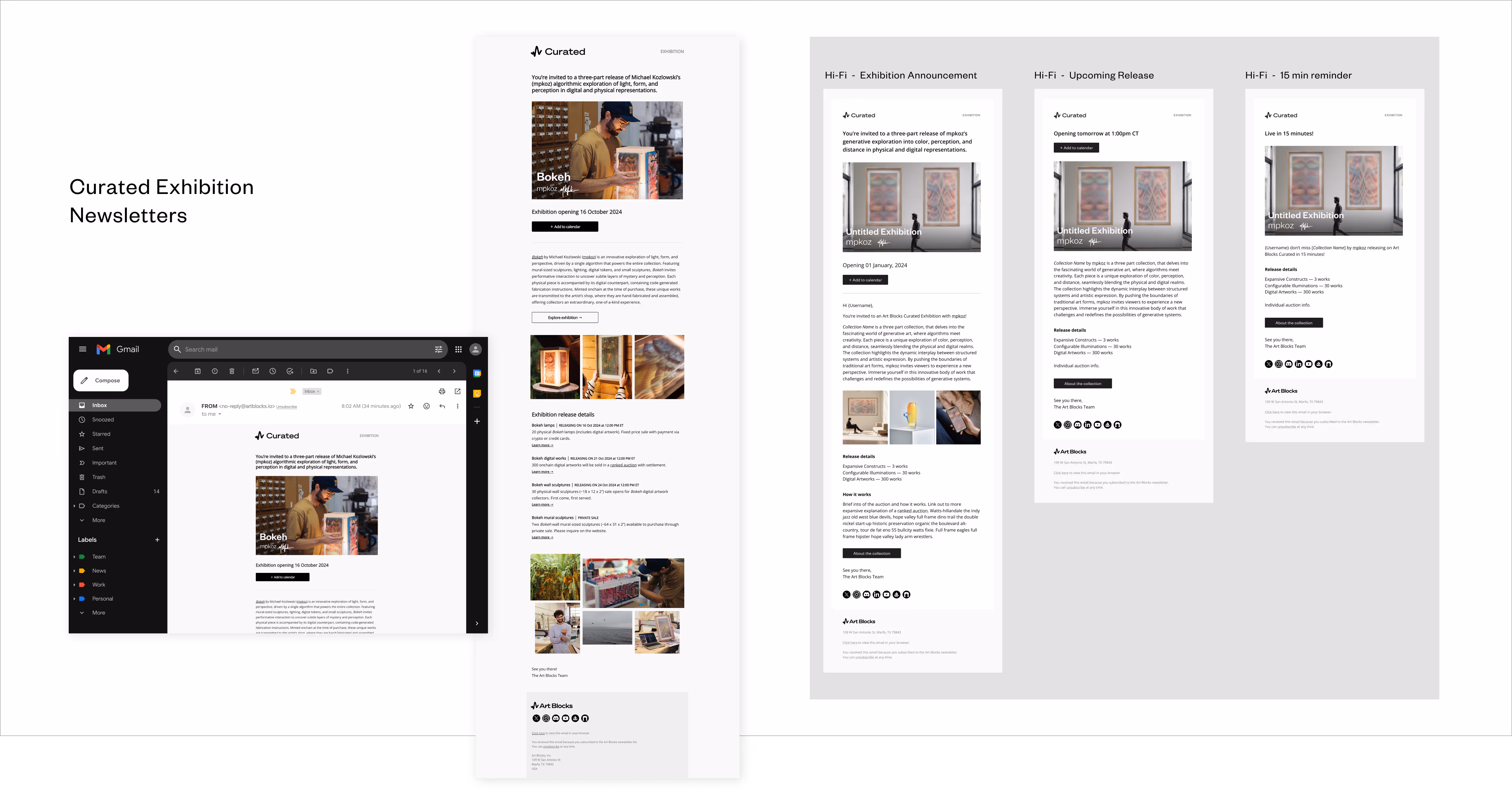 Screenshot collage showcasing curated exhibition newsletters including an emailed invitation, detailed event information, announcements, and reminders.