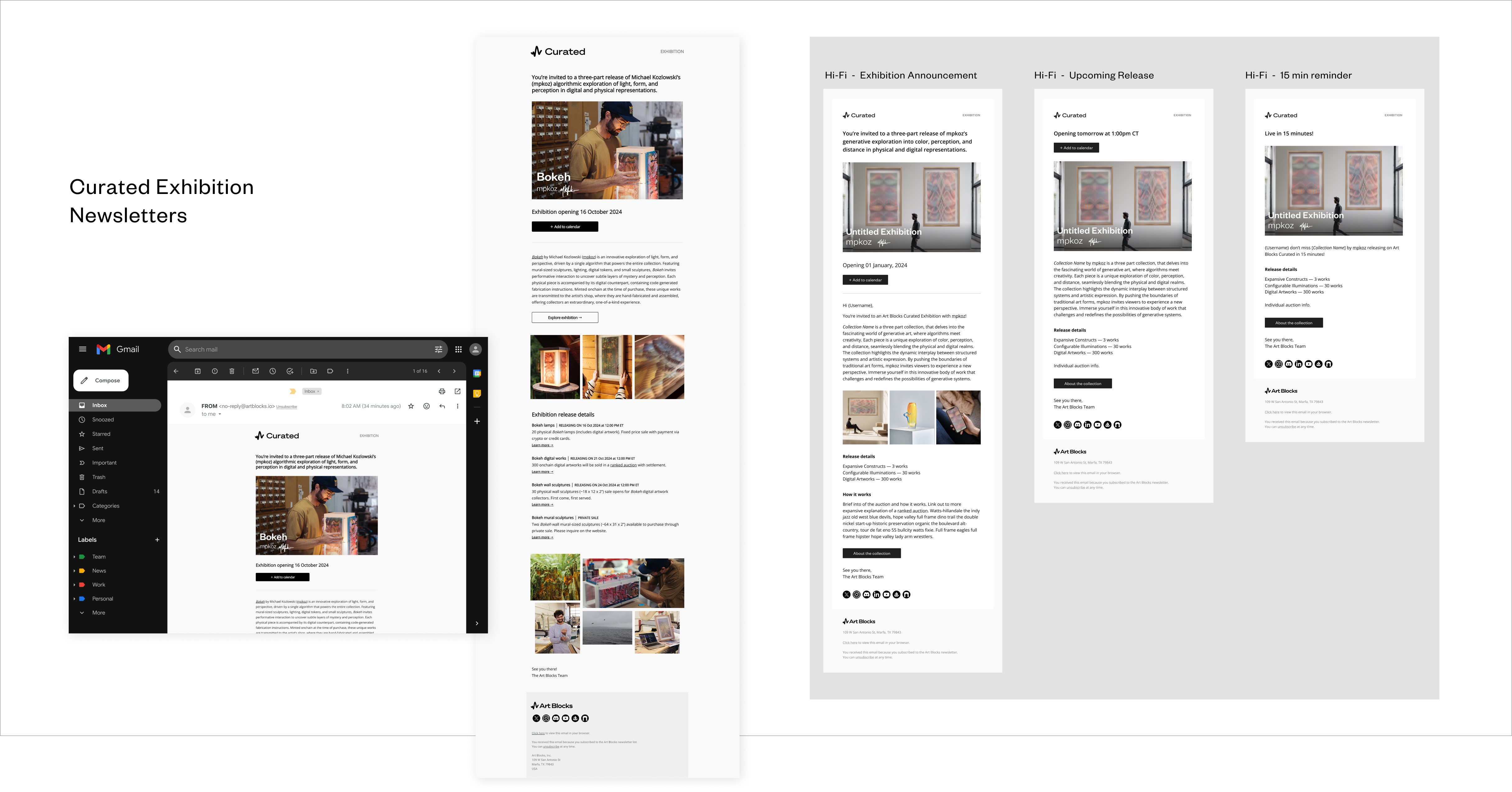 Screenshot collage showcasing curated exhibition newsletters including an emailed invitation, detailed event information, announcements, and reminders.