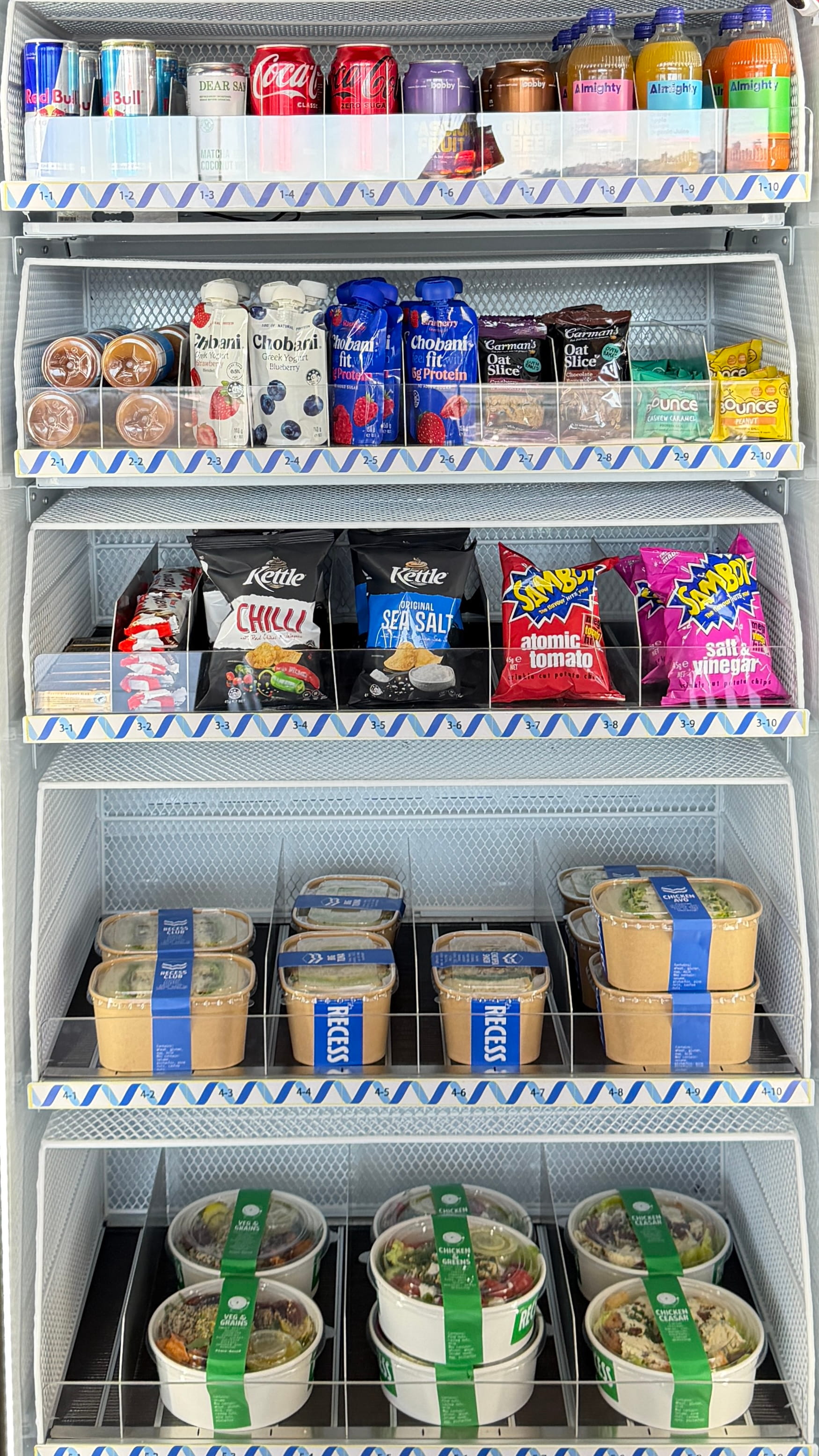 Its Recess vending machine sandwiches, salads, toasties, snacks, drinks.