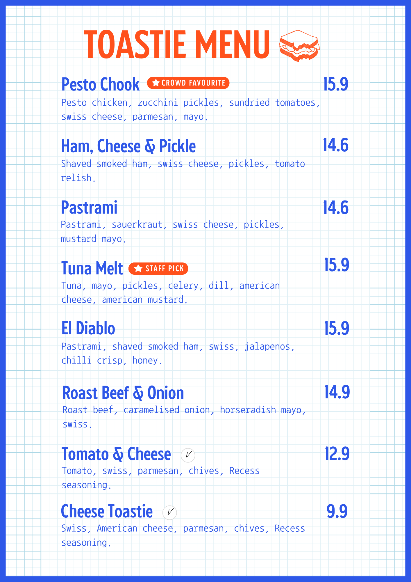 Its Recess Toastie menu, sandwiches, salads, catering.