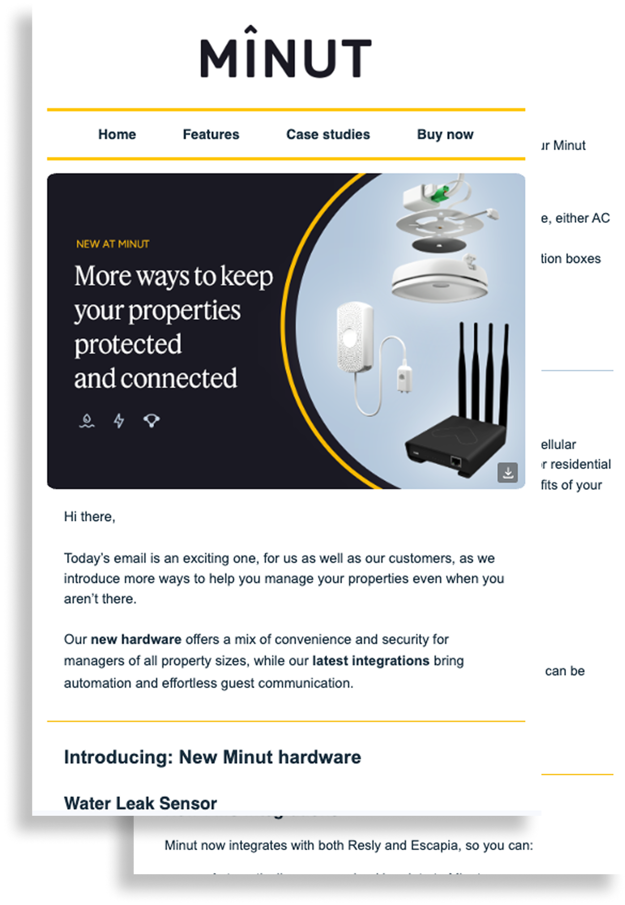 Minut webpage header with menu options and advertisement for new hardware to protect and connect properties, showing a water leak sensor, smoke detector, and wireless device.