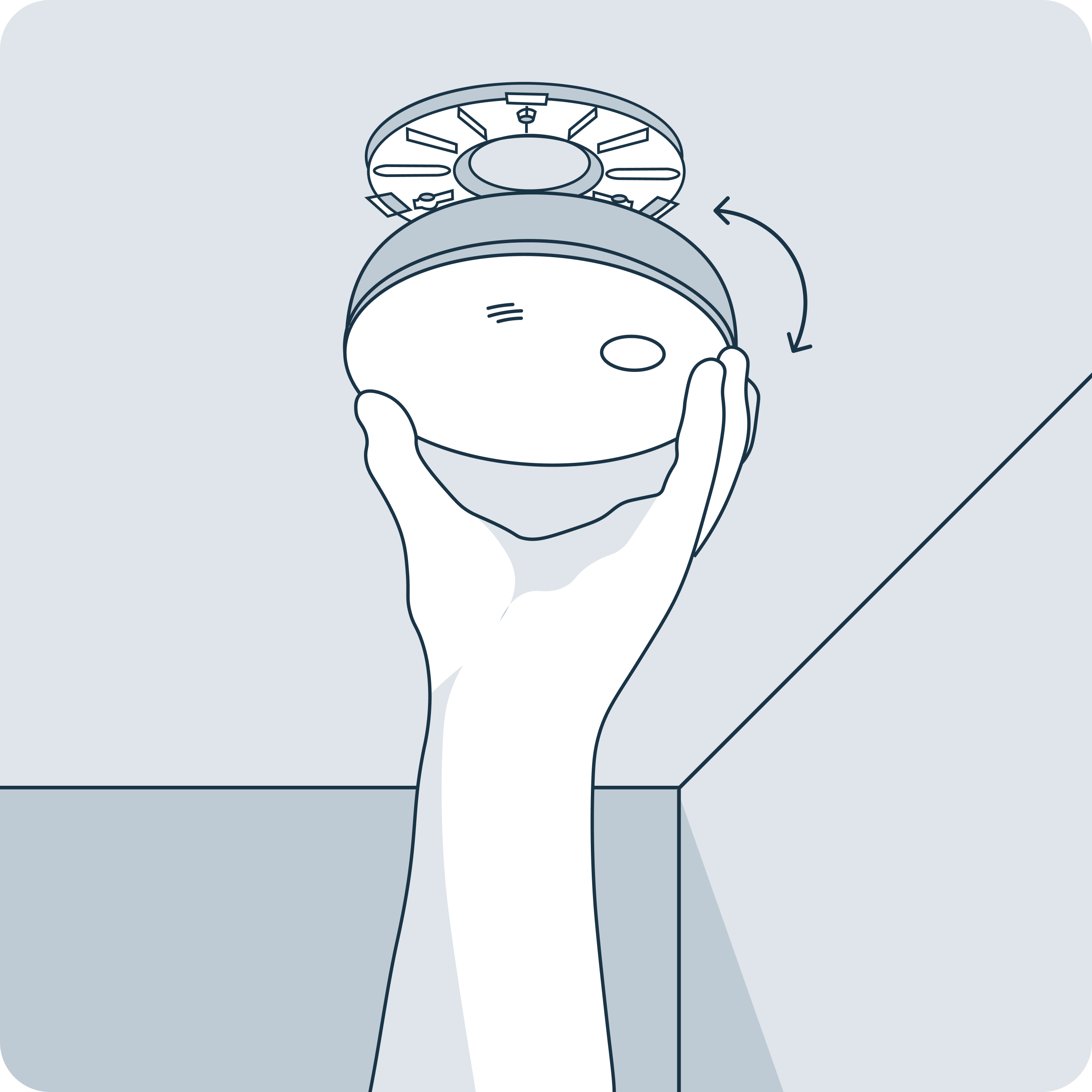 Hand removing a round smoke detector cover from the ceiling with arrows indicating a twisting motion.