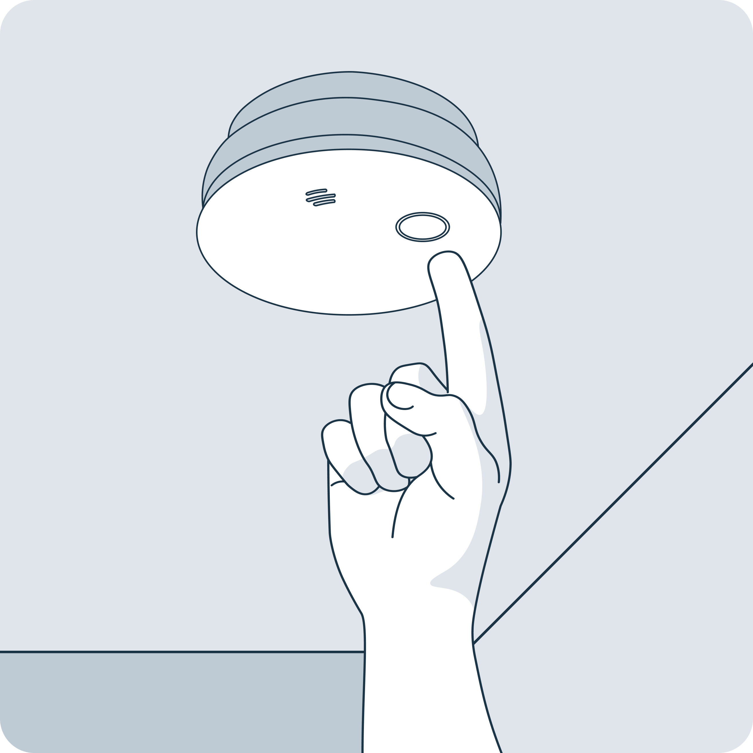 Hand pressing the test button on a ceiling-mounted smoke detector.