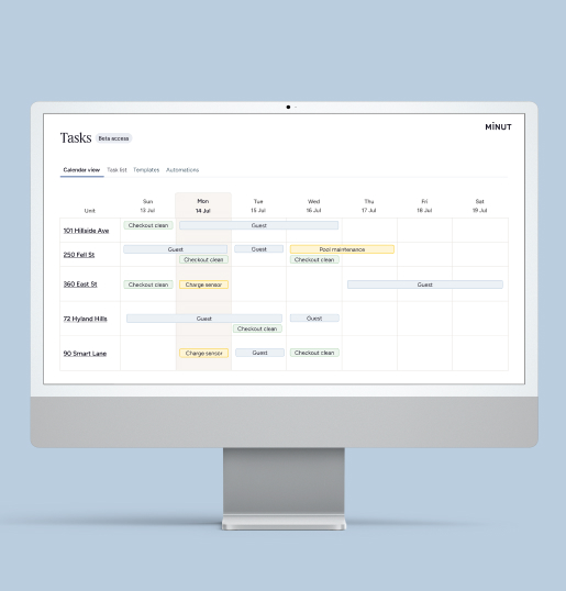 Computer screen showing a task management calendar with scheduled tasks like checkout clean, guest visits, change sensor, and pool maintenance across multiple properties from July 13 to 19.