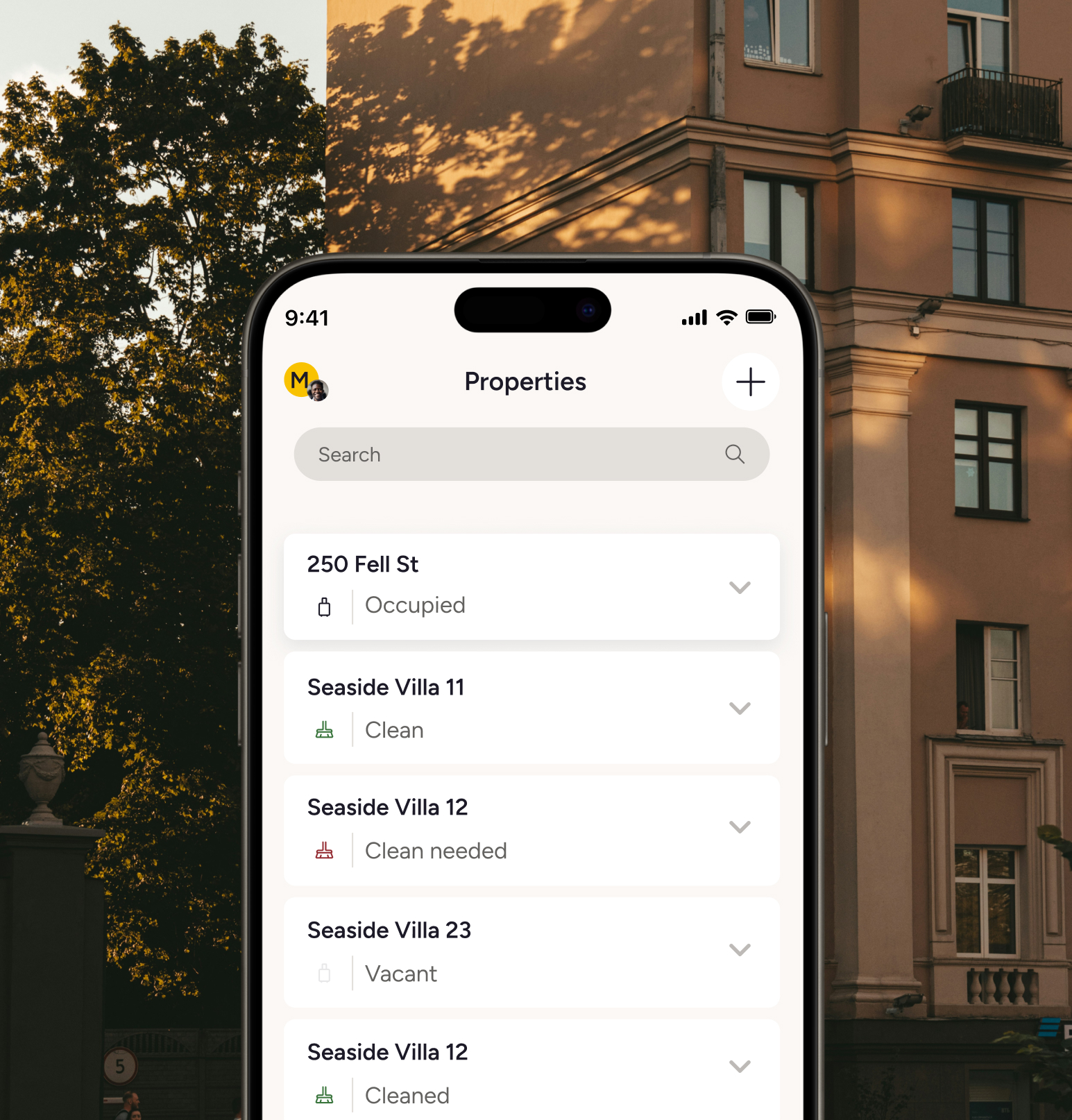 Mobile app screen displaying a list of properties with their status such as Occupied, Clean, Clean needed, Vacant, and Cleaned.