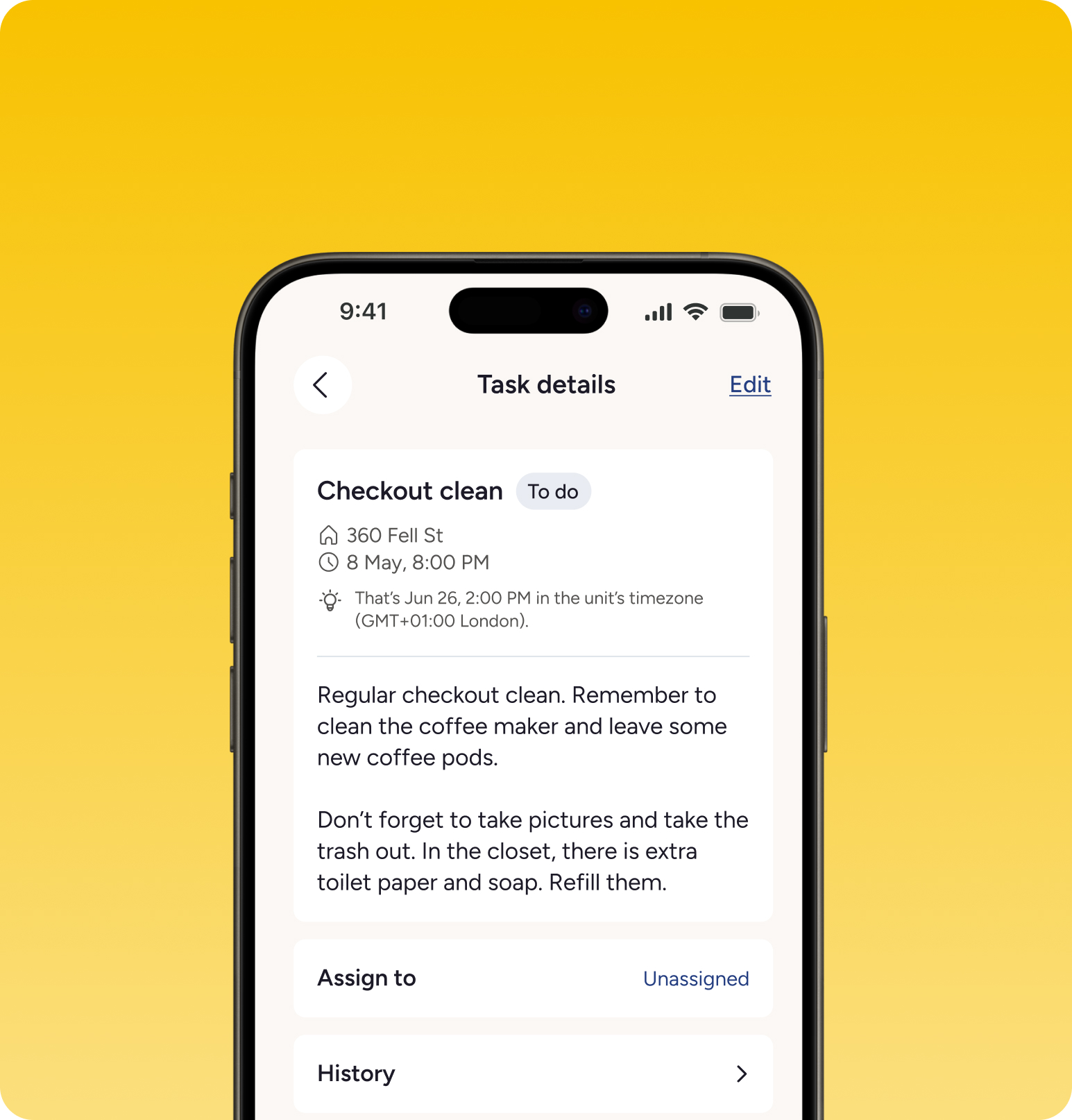 Smartphone screen showing task details for 'Checkout clean' scheduled at 360 Fell St on May 8, 8:00 PM, with instructions to clean coffee maker, leave new coffee pods, take pictures, take out trash, and refill toilet paper and soap in the closet.