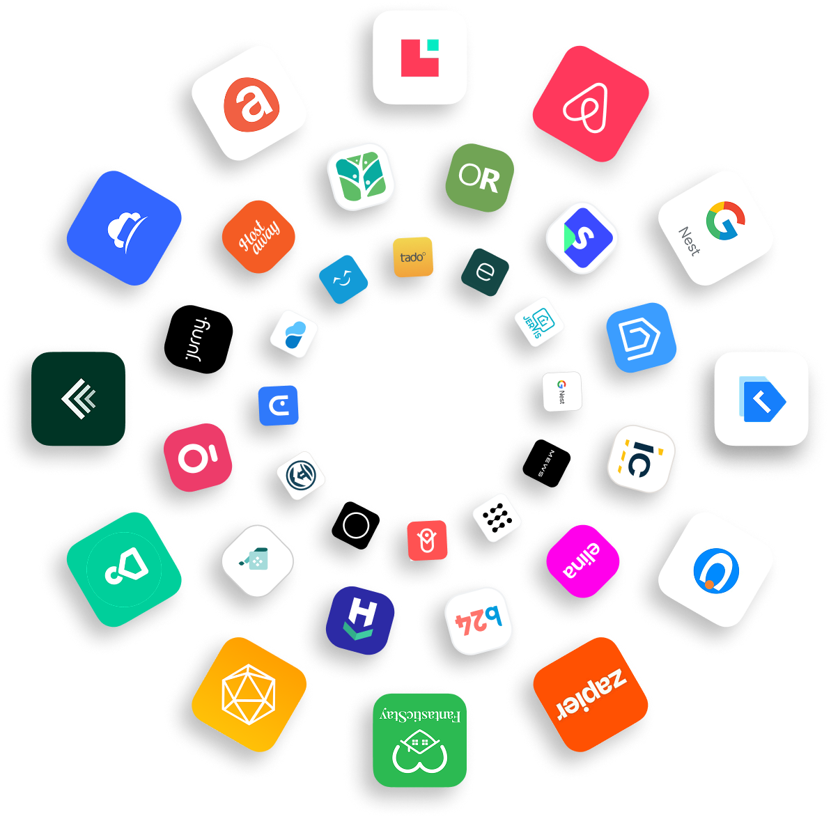 A spiral arrangement of various colorful app icons including Airbnb, Nest, Zapier, Hostaway, and others on a black background.