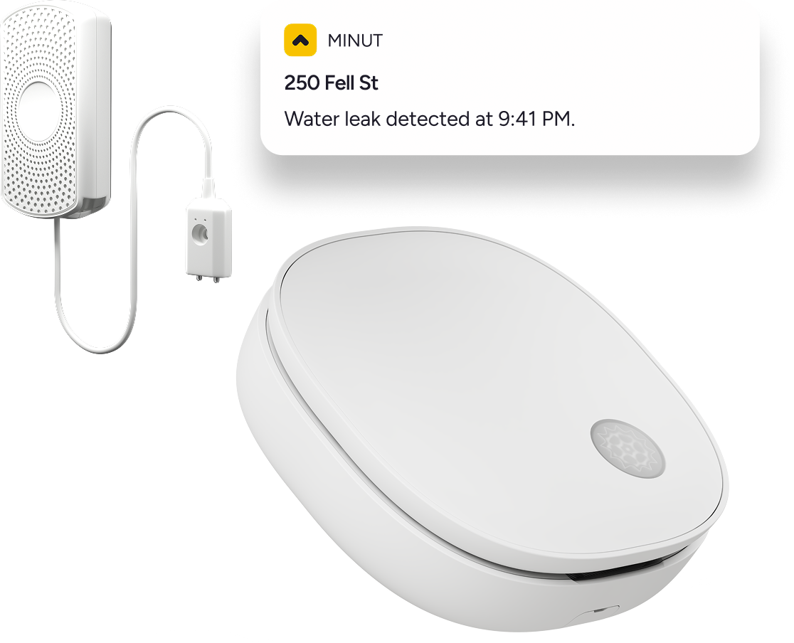 White Minut water leak sensor device with a small detachable sensor connected by a wire and a notification displaying 'Water leak detected at 9:41 PM' at 250 Fell St.