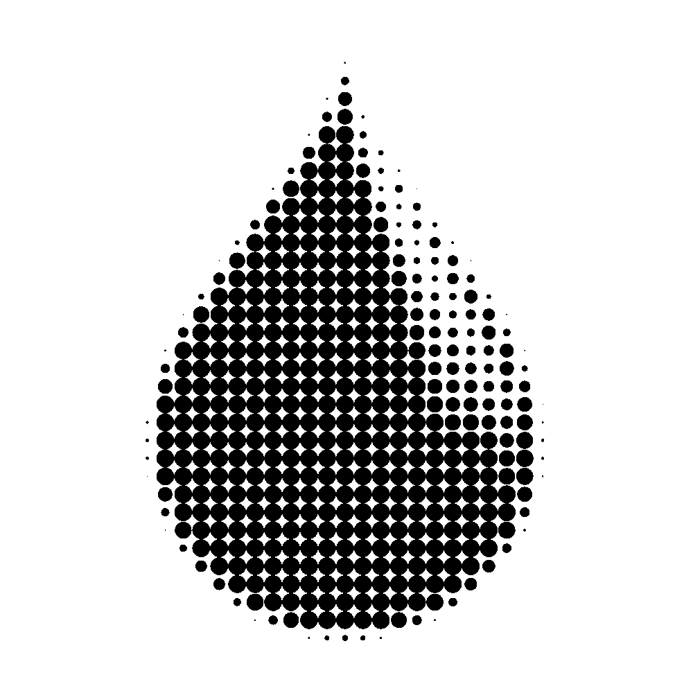 Black halftone pattern forming a drop shape with varying sized dots on white background.