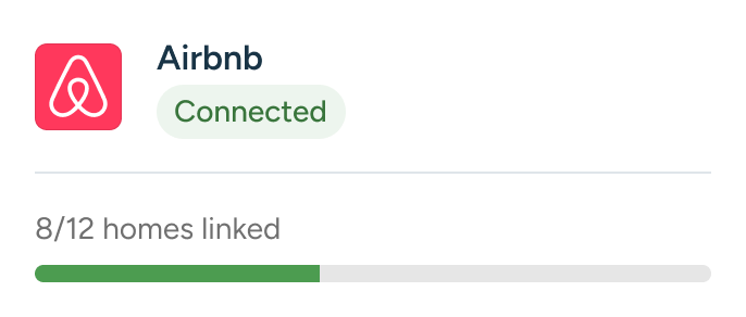 Airbnb integration status showing connected with 8 out of 12 homes linked and a green progress bar.