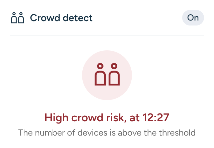 Crowd detect feature turned on showing high crowd risk at 12:27 with a warning that the number of devices is above the threshold.