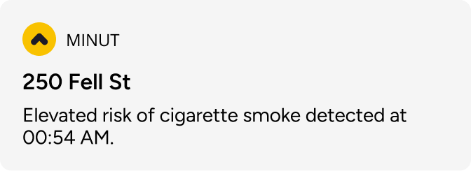 Push notification from MINUT for 250 Fell St showing elevated risk of cigarette smoke detected at 00:54 AM.