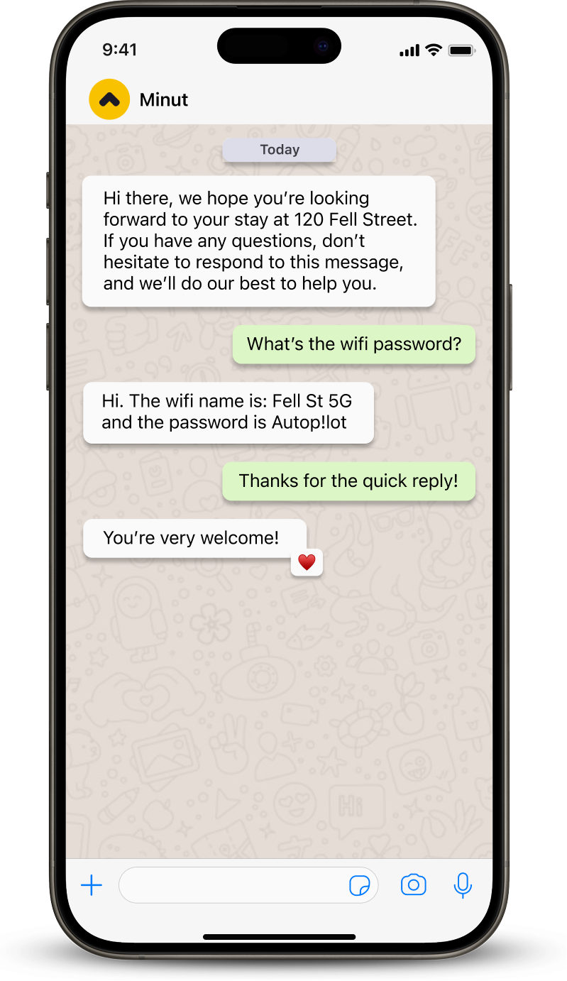 Smartphone screen showing a chat conversation where a guest asks for the wifi password and receives it as 'Fell St 5G' with the password 'Autop!lot'.