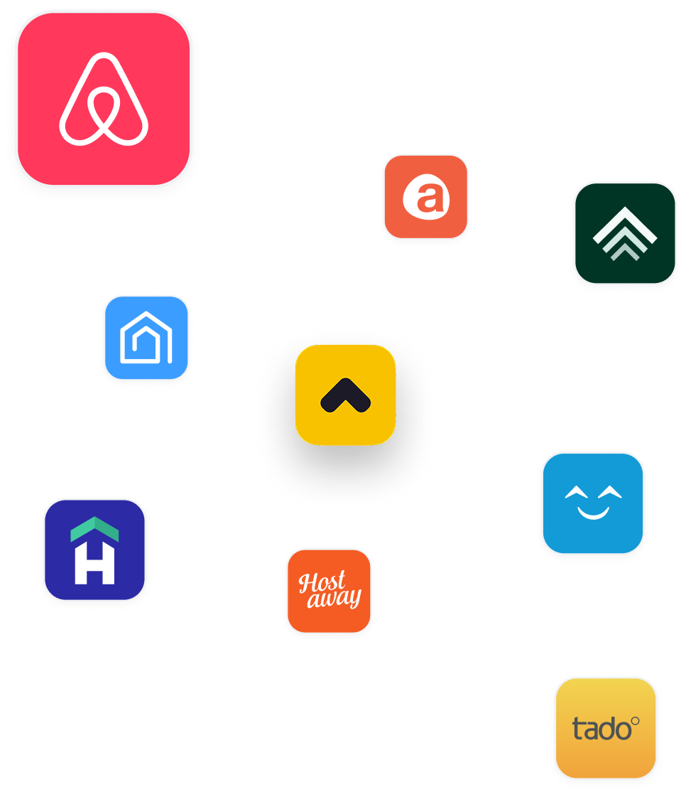 Collection of nine square app icons featuring various logos, including a red Airbnb logo, a blue house outline, a dark green upward arrows, a smiling face on blue, Hostaway text in white on orange, and tado° text on a yellow background.