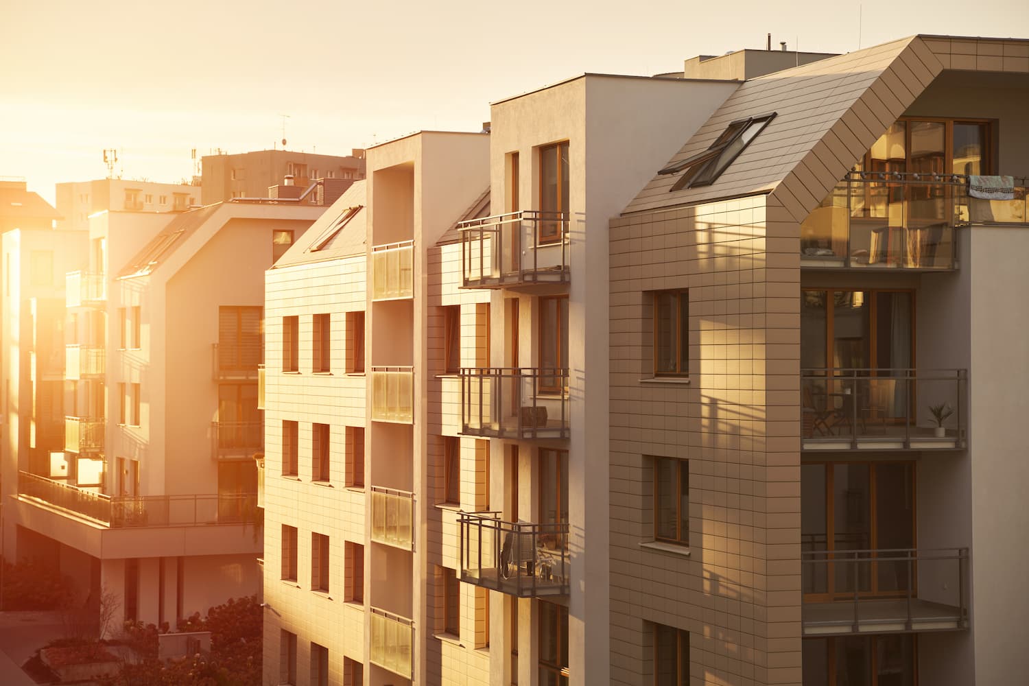 Modern apartment buildings in warm evening light