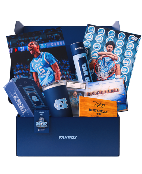 North Carolina NIL FanBox displaying signed Tar Heels athlete memorabilia and fan merchandise