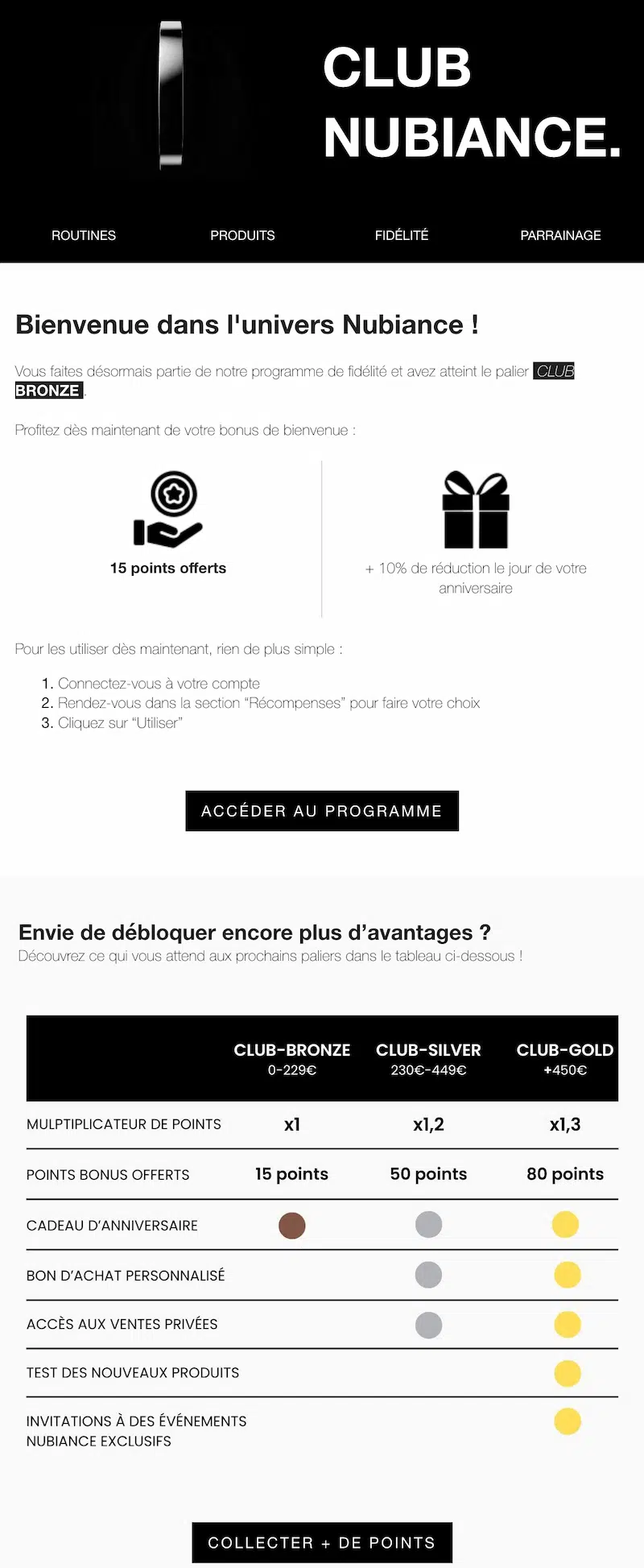 Example of a VIP programme email sent by Nubiance to congratulate the customer and invite them to unlock additional benefits.