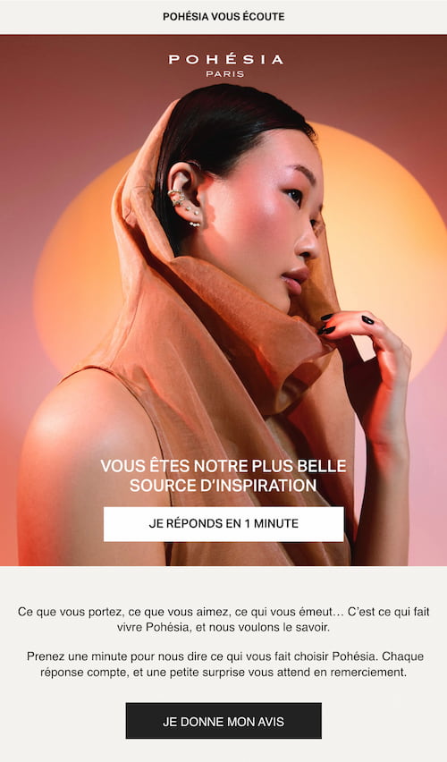 Email sent by Pohésia to encourage customers to leave a product review.