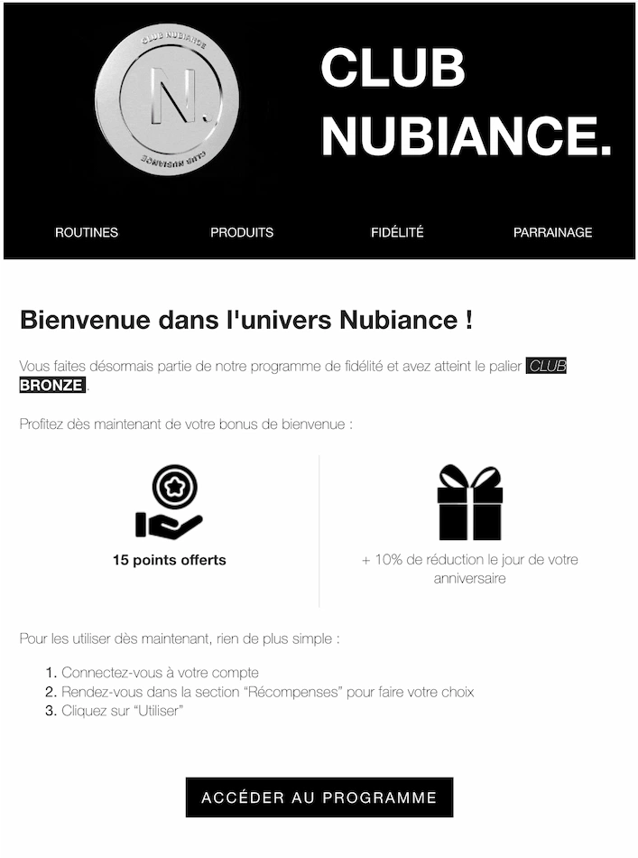 Email envoyé par Nubiance lorsqu'un client atteint le palier "CLUB BRONZE" du programme de fidélité