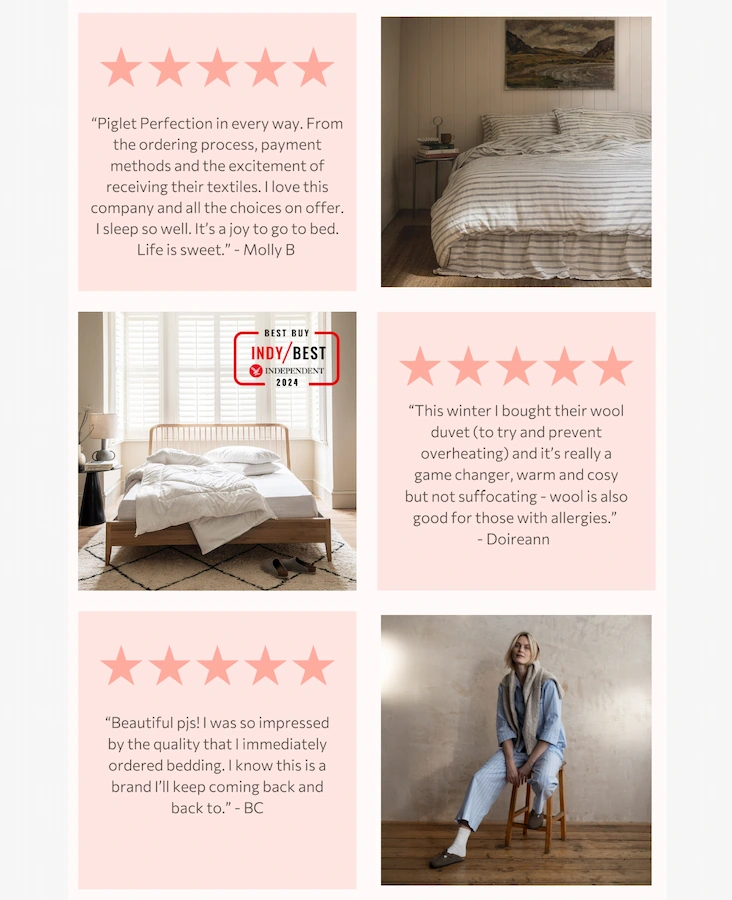 Piglet in Bed features customer reviews in its emails.