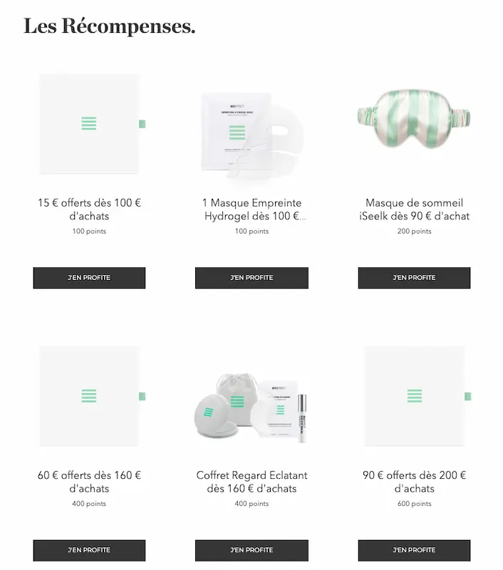 Catalogue de récompenses du programme de BioEffect