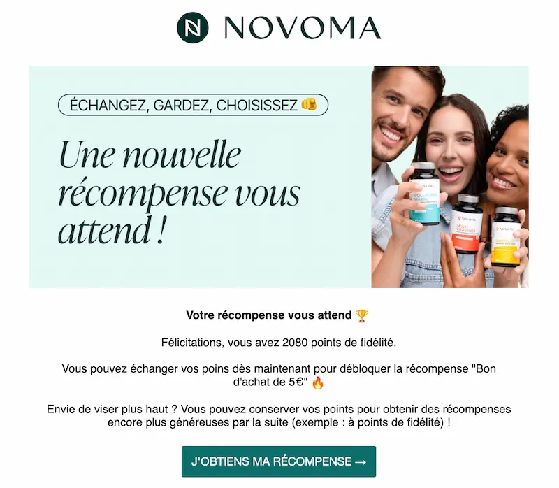 Email envoyé par Novoma pour rappeler qu'une récompense de fidélité attend