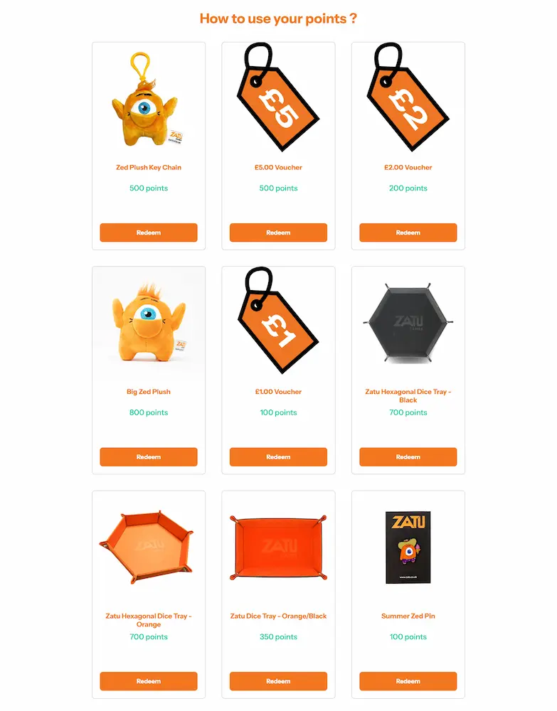 Zatu Games rewards catalogue