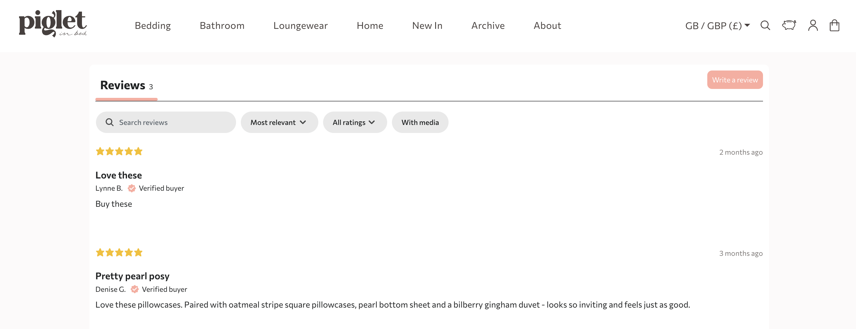 Example of a customer review on the Piglet in Bed website